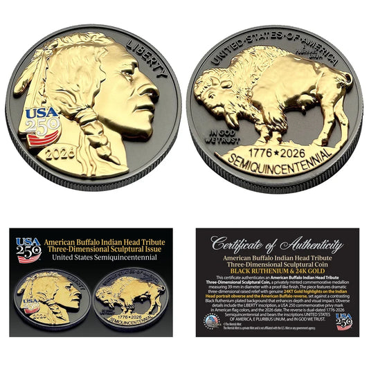 3D American Buffalo Tribute Coin (Black Ruthenium & 24k Gold)