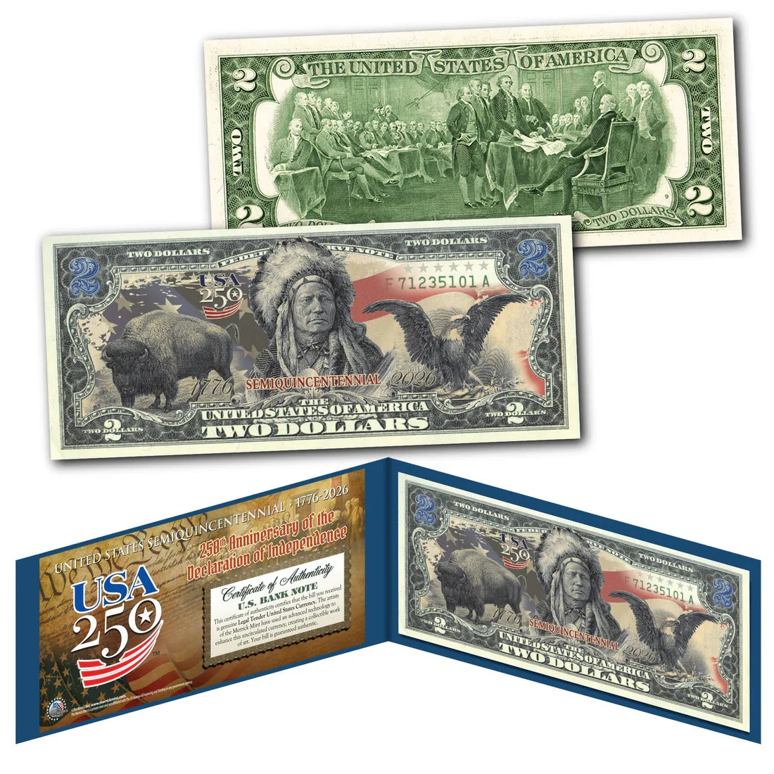 American 250th Anniversary $2 Bill – Black Eagle, Indian Chief & Bison