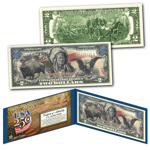 American 250th Anniversary $2 Bill – Black Eagle, Indian Chief & Bison