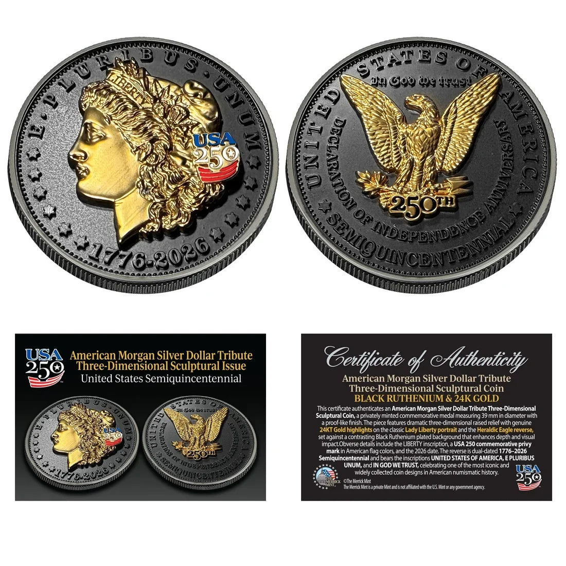 3D American Morgan Silver Dollar Tribute Coin (Black Ruthenium & 24k Gold)