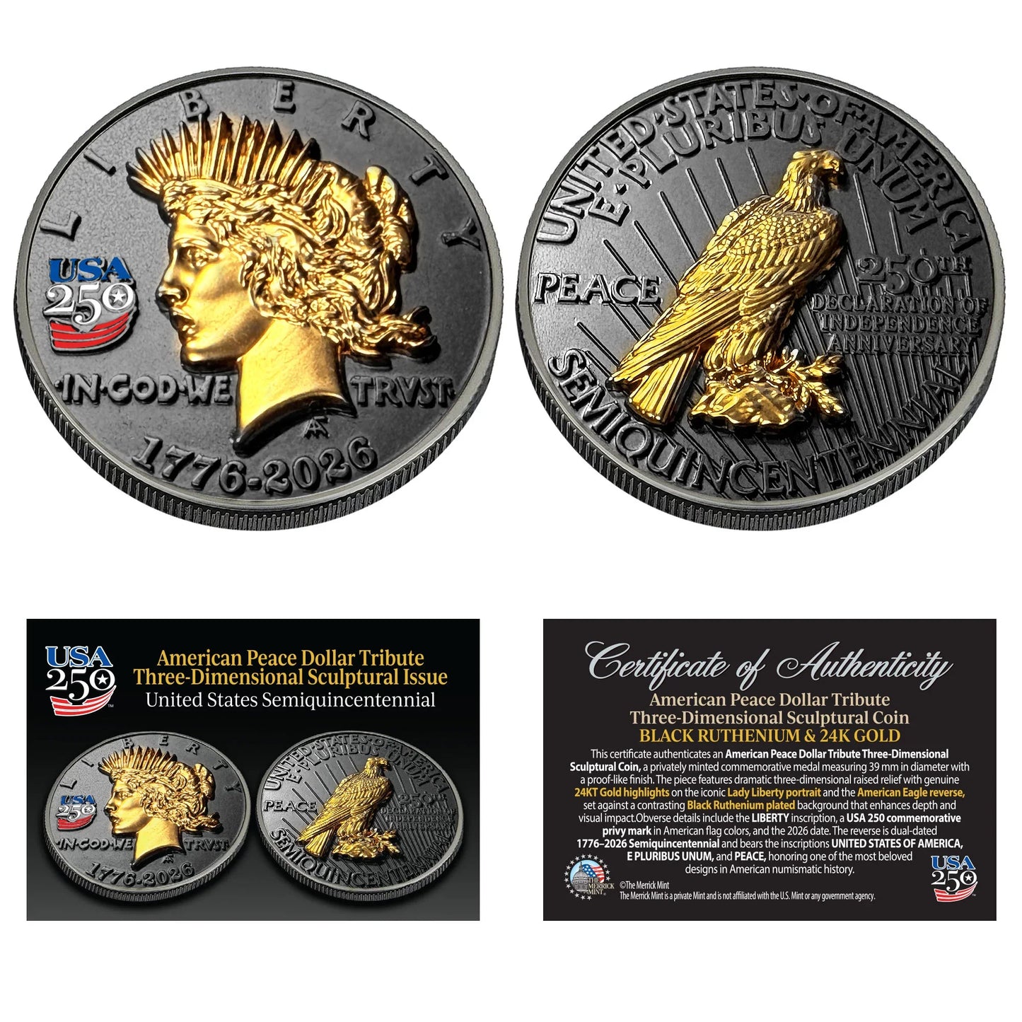 3D American Peace Dollar Tribute Coin (Black Ruthenium & 24k Gold)