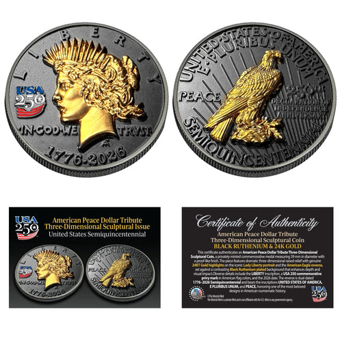 3D American Peace Dollar Tribute Coin (Black Ruthenium & 24k Gold)