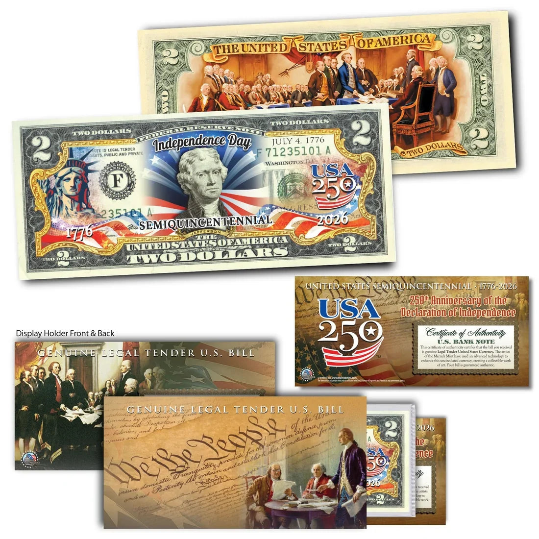 America's 250th Anniversary $2 Bill Independence Day 2-Sided
